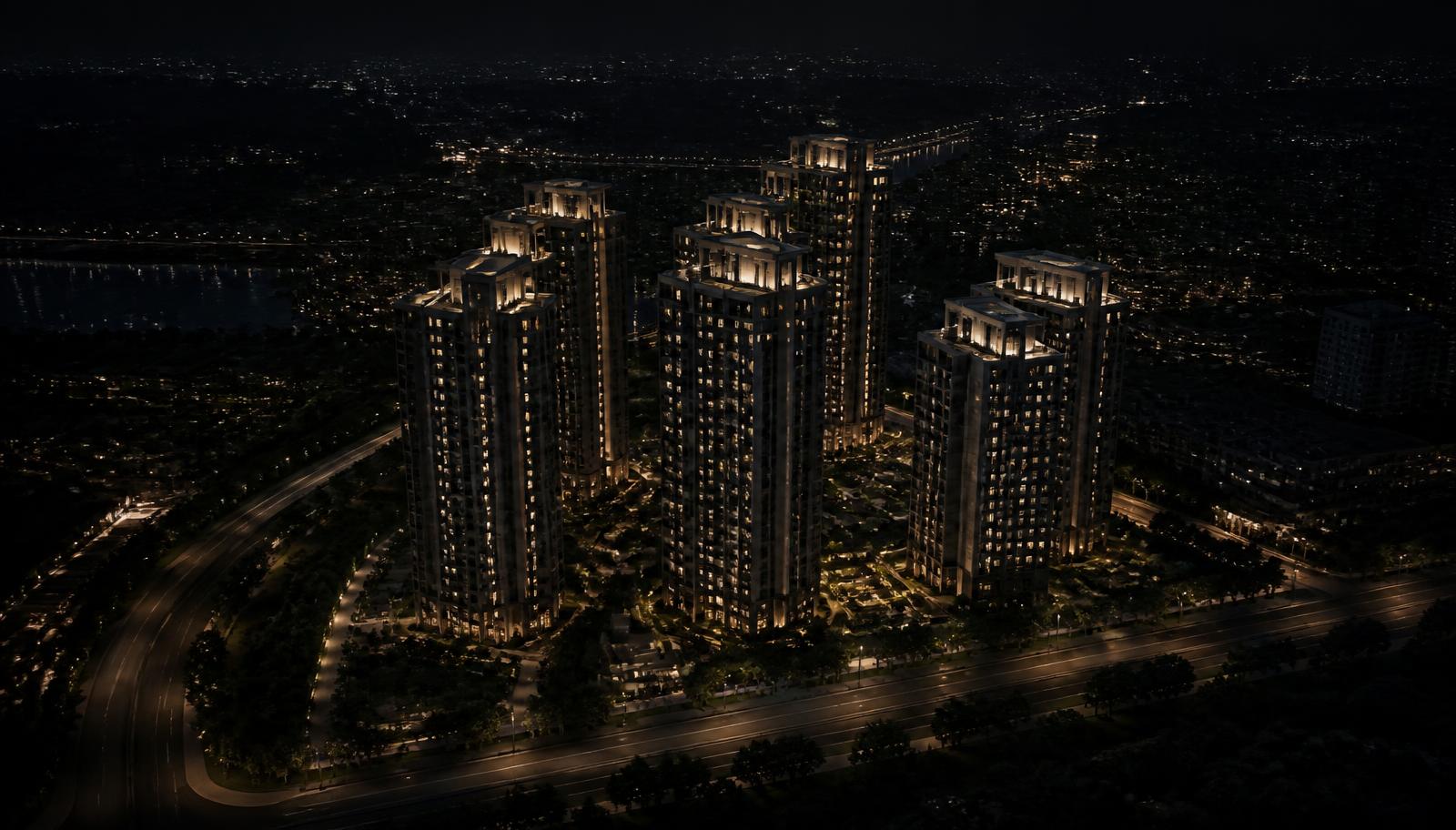 Vista aérea noturna de empreendimento residencial contemporâneo